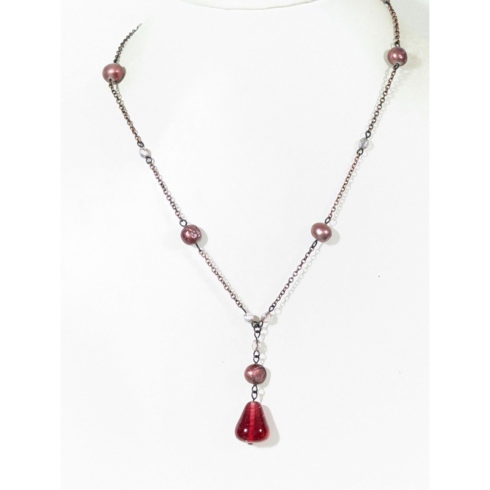 Premier Designs 18" Copper-Toned Beaded Necklace With Red Glass Pendant Pearls‎